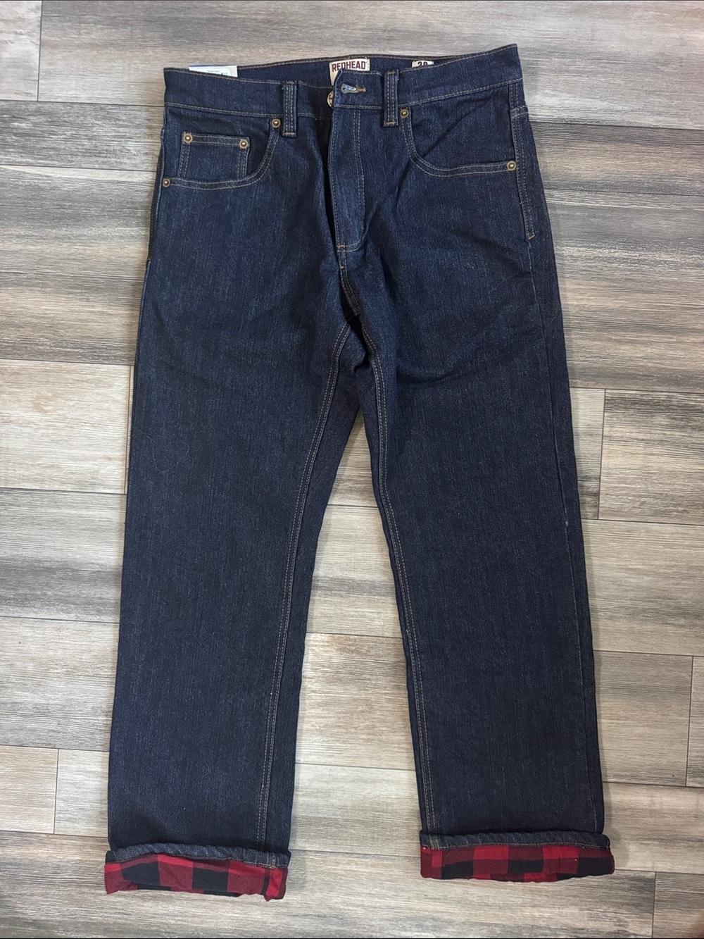 RedHead Men's Dark Blue Relaxed Denim Jeans with Red Plaid Cuff